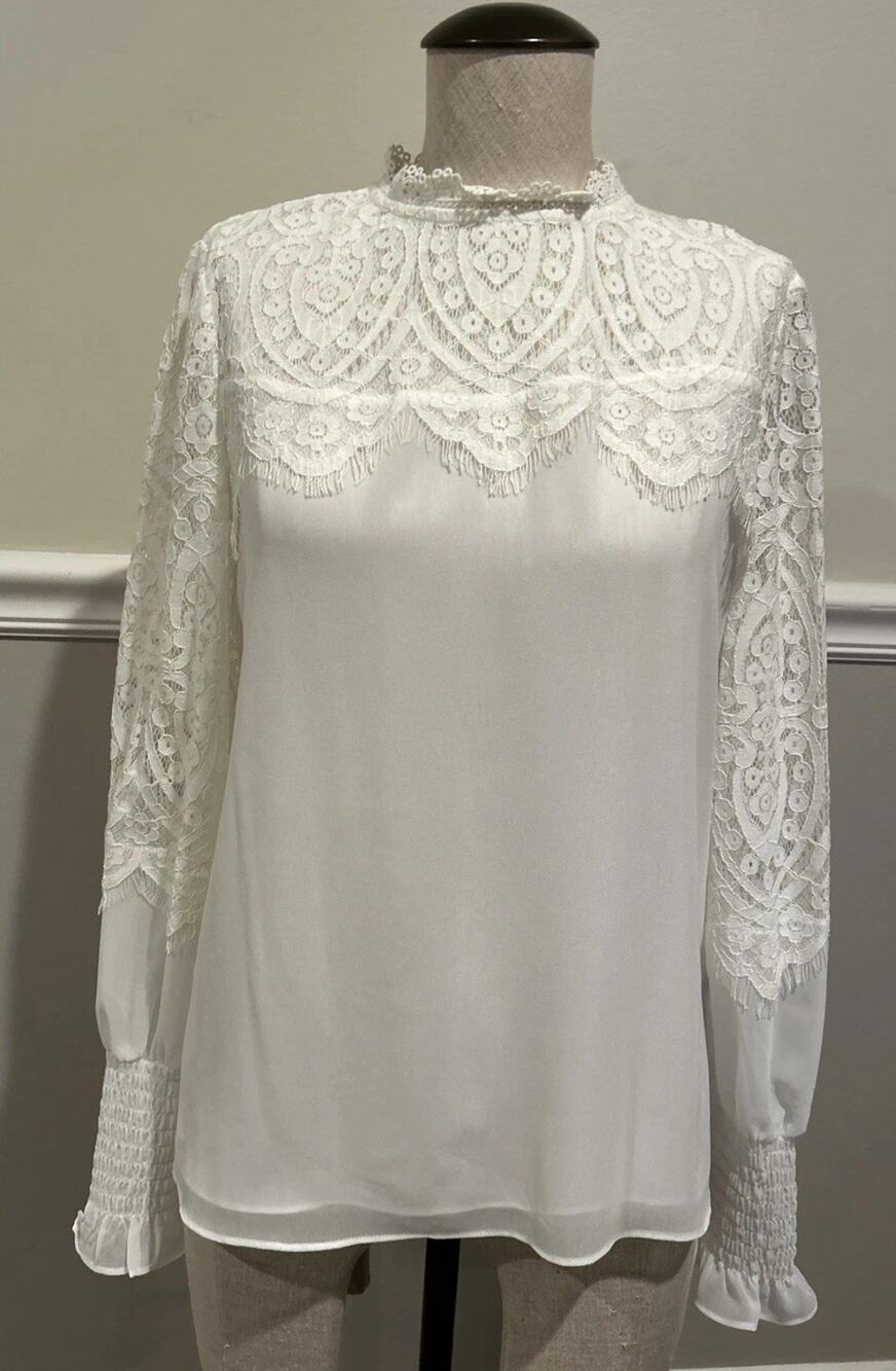 NWT- White House Black Market Blouse Womens 6 White Lace Mock Neck lace sleeves
